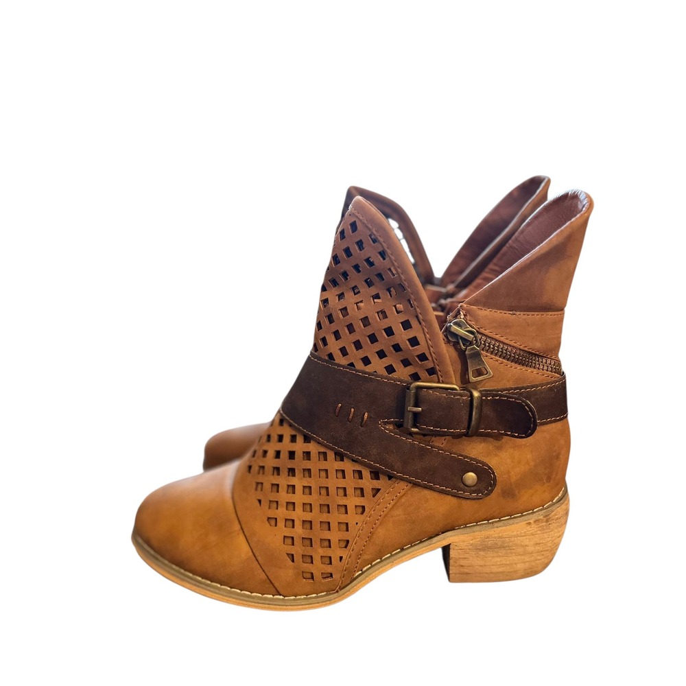 Brown Ankle Boots Women's Cutout Western Buckle Moto Casual‎ Shoes